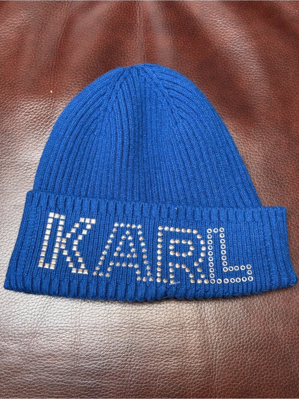 Karl Lagerfeld Blue Ribbed Beanie with Studded KARL Logo
